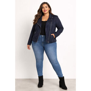 NWT Navy Faux Suede Moto Jacket Zip Front Plus Size Whimsigoth Edgy Velour Tonal
